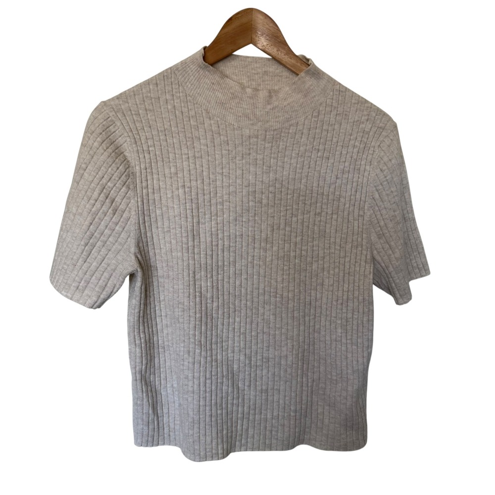 Unbranded Ribbed Mock Neck Top Womens Medium Oatmeal Beige Short Sleeve Exc.